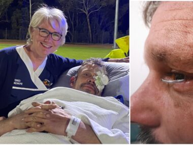 Two images side by side. One of a side profile of a man with a nail coming from his eye. The other a man on a stretcher with a nurse